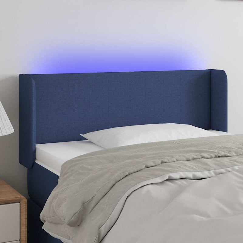 Tăblie de pat cu LED, albastru, 83x16x78/88 cm, textil