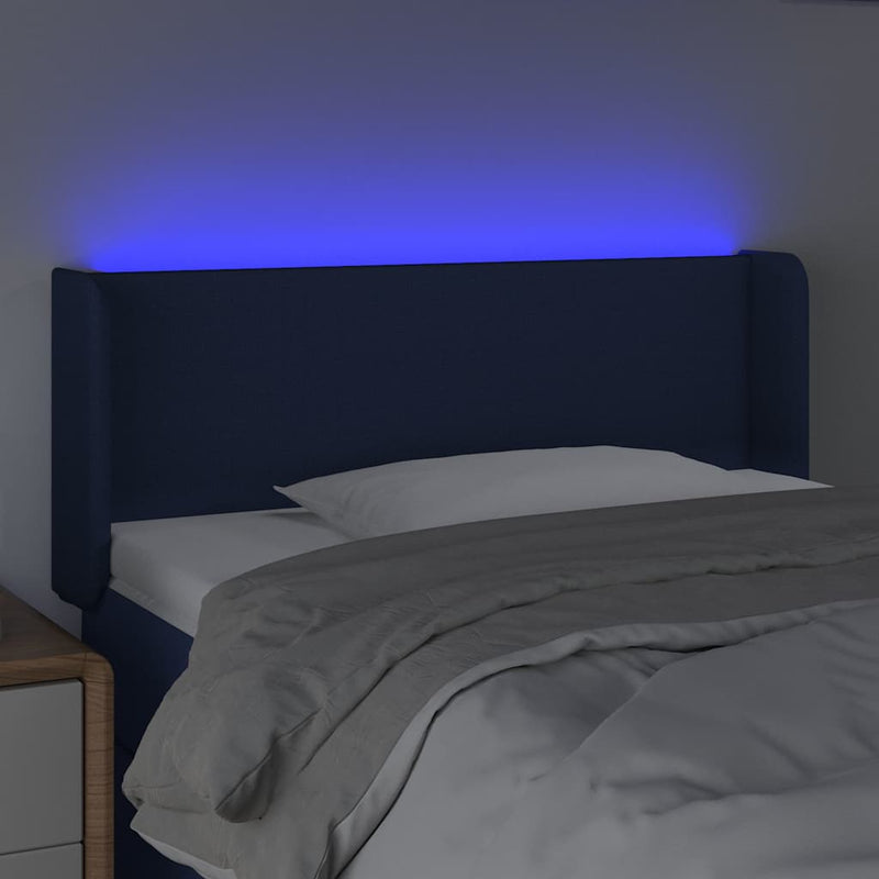 Tăblie de pat cu LED, albastru, 93x16x78/88 cm, textil