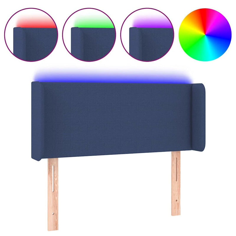 Tăblie de pat cu LED, albastru, 103x16x78/88 cm, textil