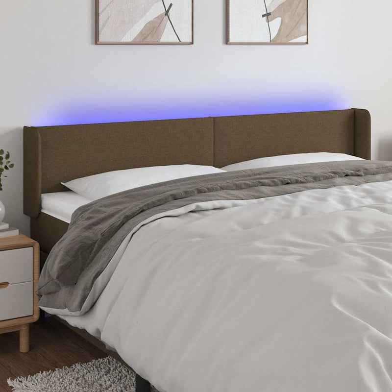 Tăblie de pat cu LED, maro închis, 183x16x78/88 cm, textil