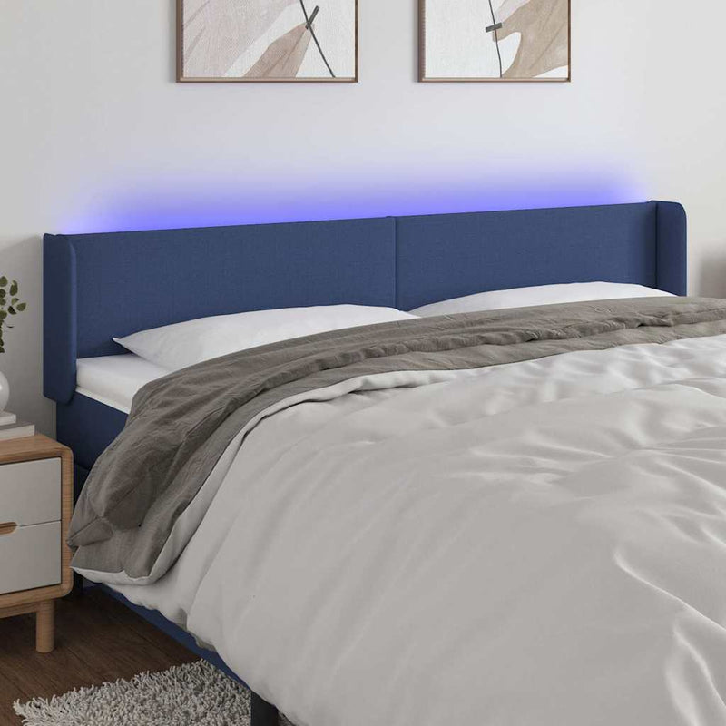 Tăblie de pat cu LED, albastru, 203x16x78/88 cm, textil