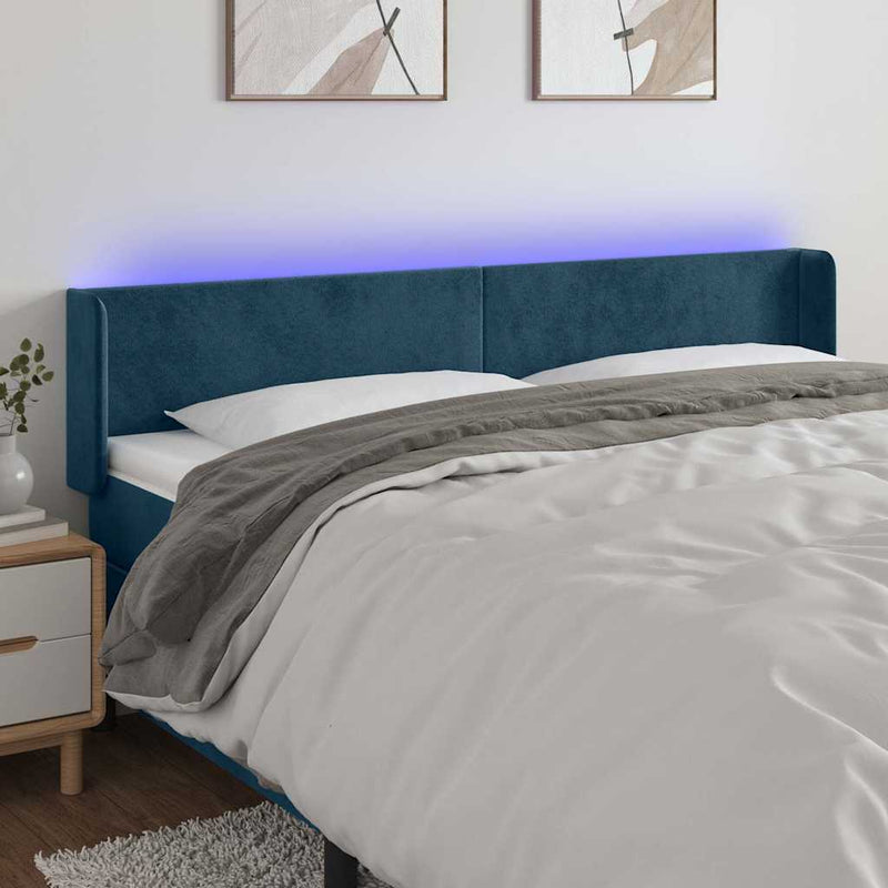 Tăblie de pat cu LED, albastru închis, 163x16x78/88 cm, catifea