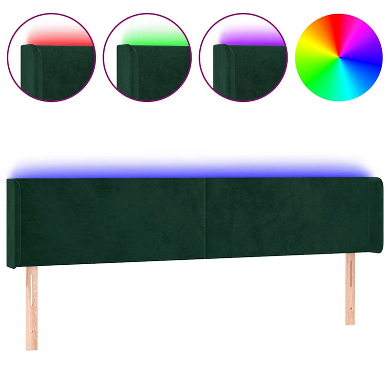 Tăblie de pat cu LED, verde închis, 203x16x78/88 cm, catifea