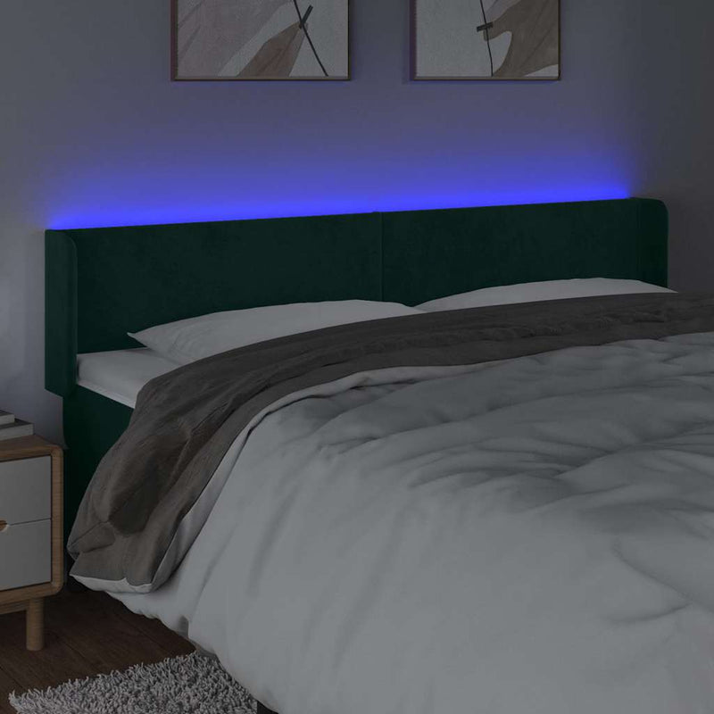 Tăblie de pat cu LED, verde închis, 203x16x78/88 cm, catifea