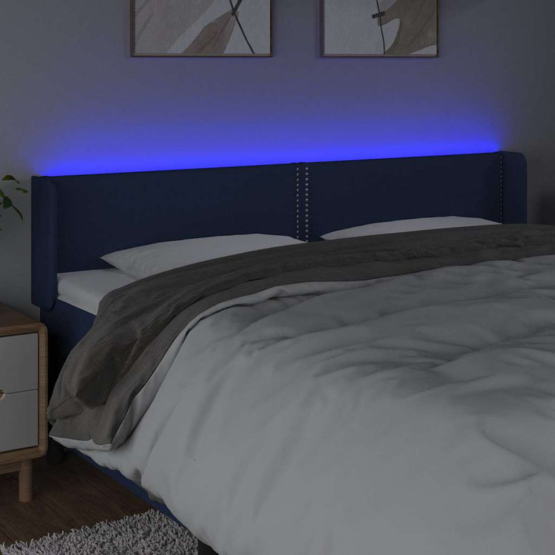 Tăblie de pat cu LED, albastru, 203x16x78/88 cm, textil
