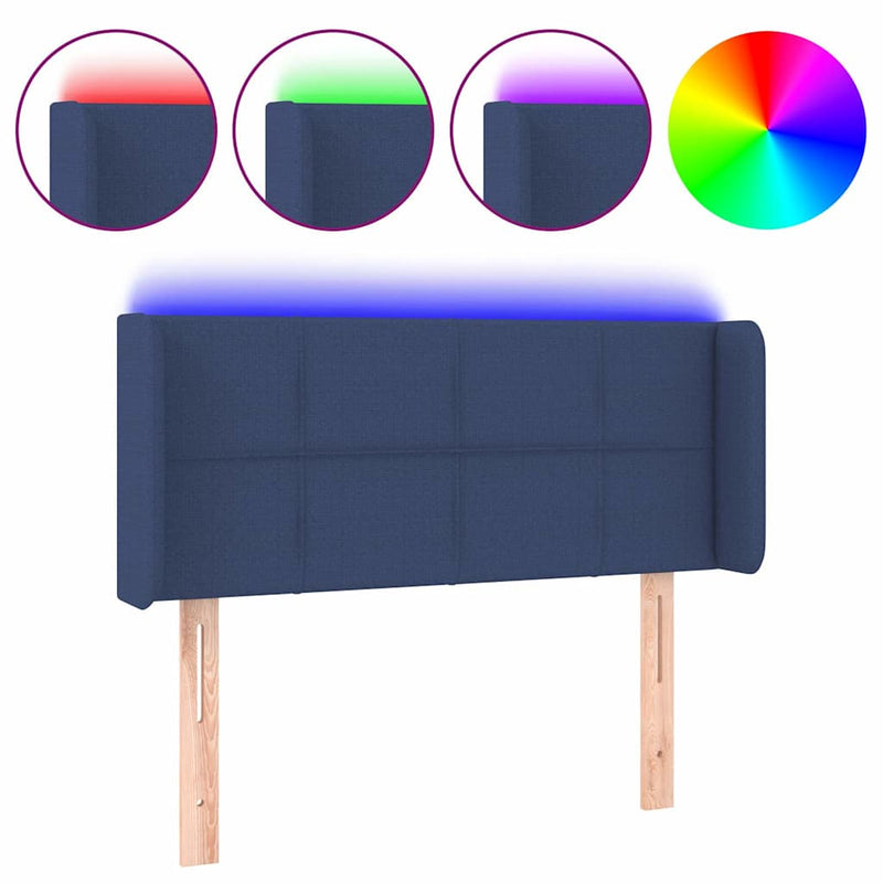 Tăblie de pat cu LED, albastru, 93x16x78/88 cm, textil