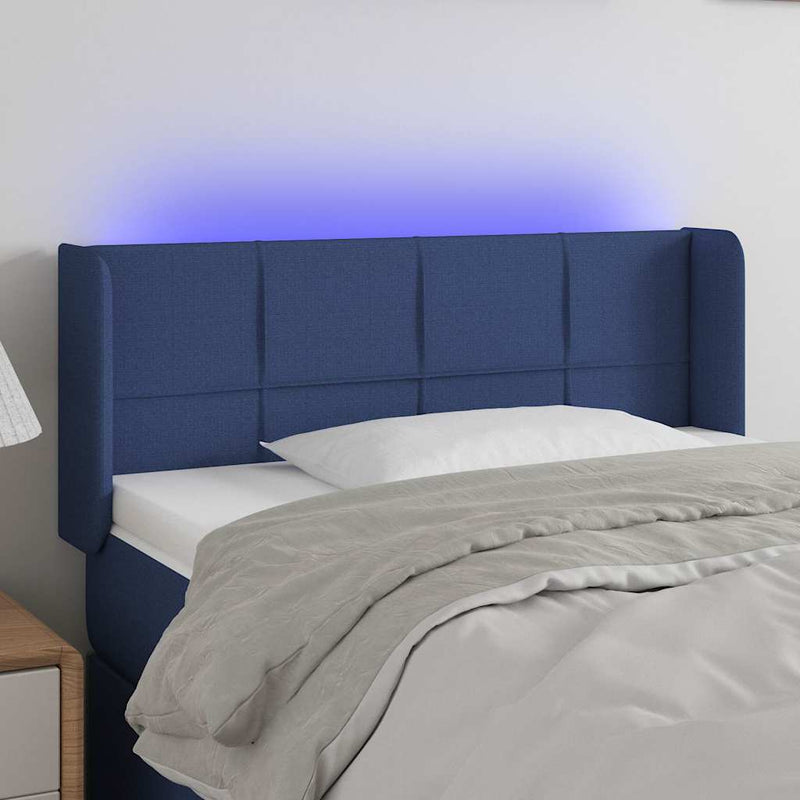 Tăblie de pat cu LED, albastru, 103x16x78/88 cm, textil