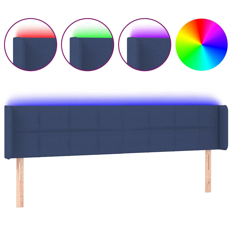 Tăblie de pat cu LED, albastru, 203x16x78/88 cm, textil