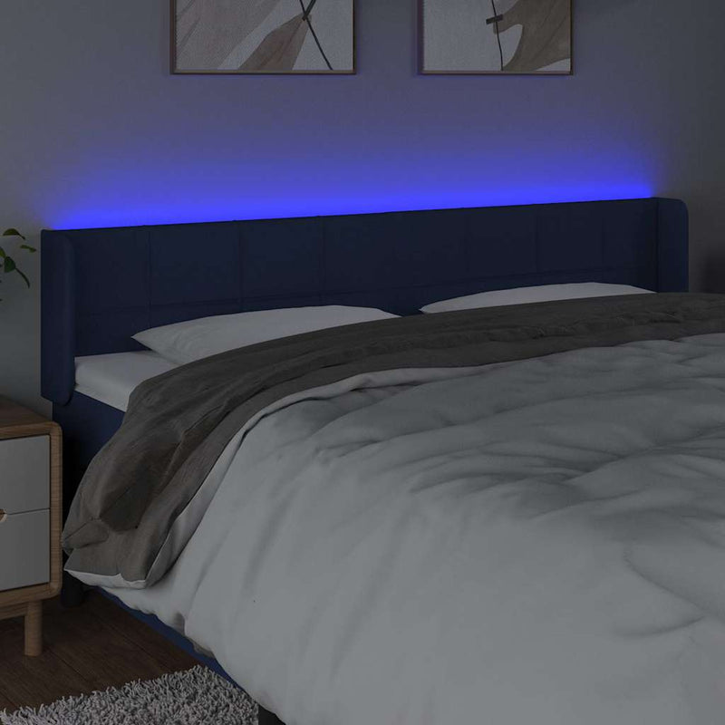 Tăblie de pat cu LED, albastru, 203x16x78/88 cm, textil