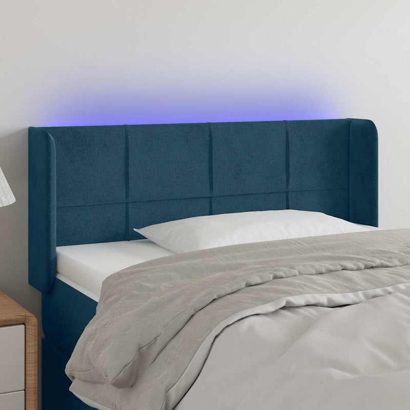 Tăblie de pat cu LED, albastru închis, 93x16x78/88 cm, catifea