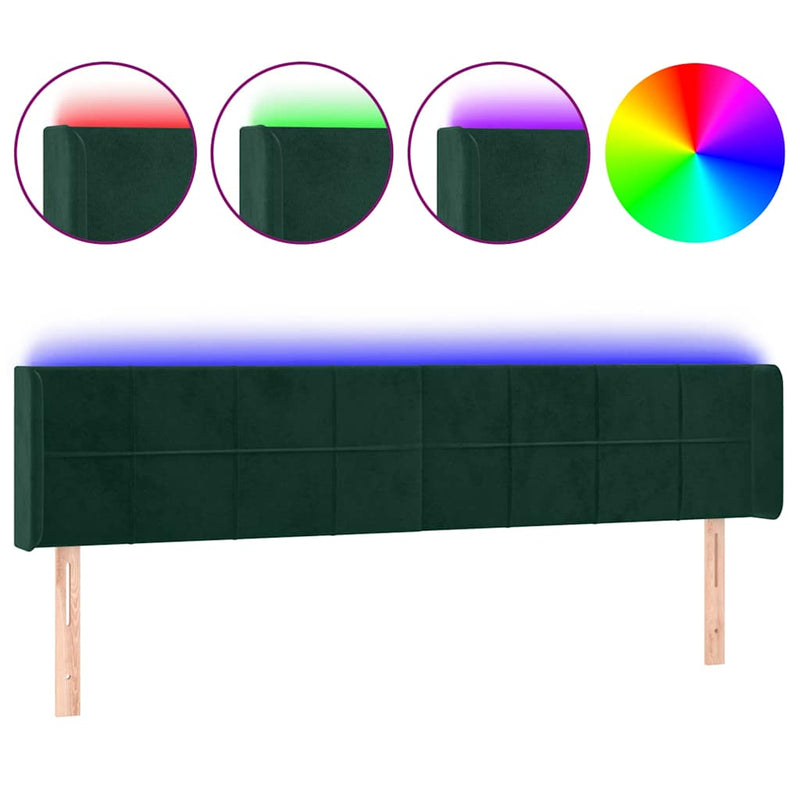 Tăblie de pat cu LED, verde închis, 183x16x78/88 cm, catifea