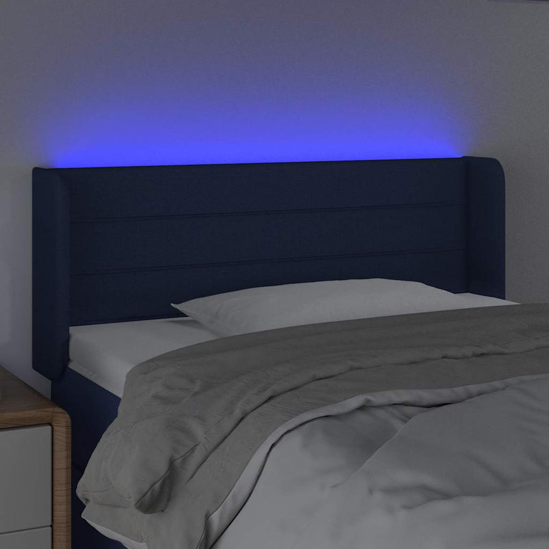 Tăblie de pat cu LED, albastru, 83x16x78/88 cm, textil