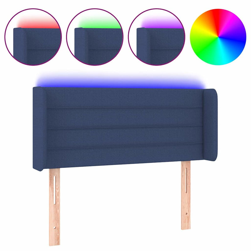 Tăblie de pat cu LED, albastru, 93x16x78/88 cm, textil