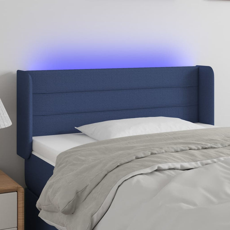 Tăblie de pat cu LED, albastru, 103x16x78/88 cm, textil