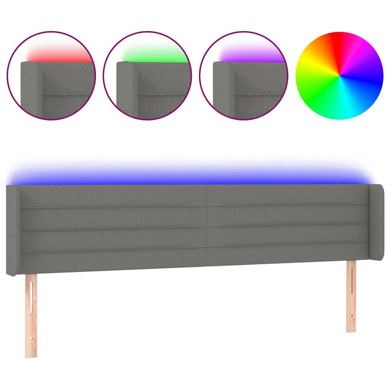 Tăblie de pat cu LED, gri închis, 203x16x78/88 cm, textil