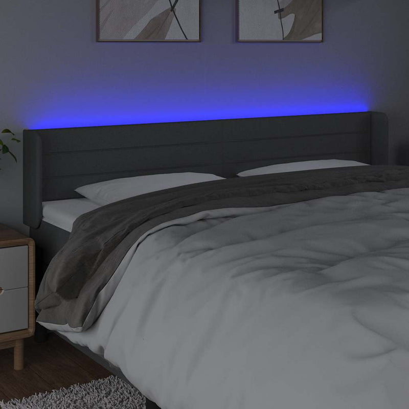 Tăblie de pat cu LED, gri închis, 203x16x78/88 cm, textil