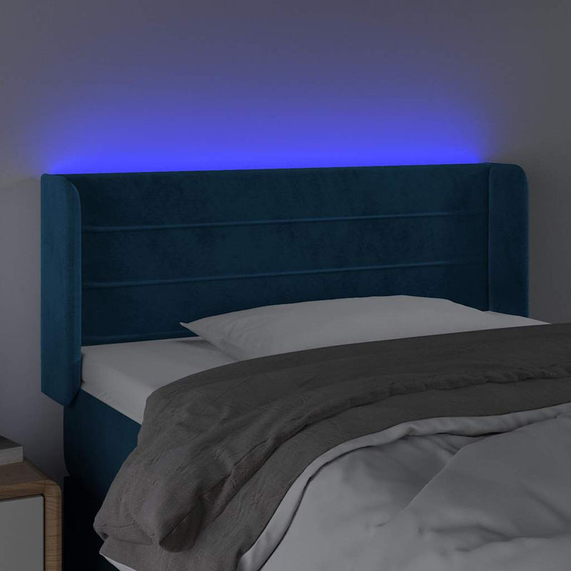 Tăblie de pat cu LED, albastru închis, 93x16x78/88 cm, catifea
