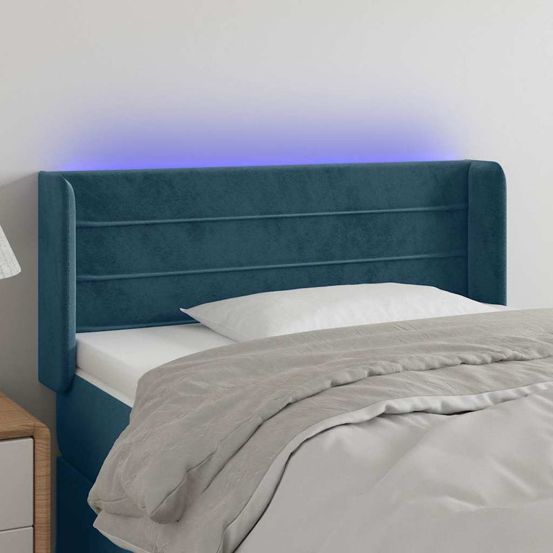 Tăblie de pat cu LED, albastru închis, 93x16x78/88 cm, catifea