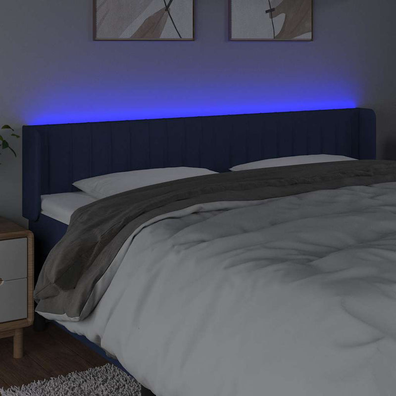 Tăblie de pat cu LED, albastru, 183x16x78/88 cm, textil