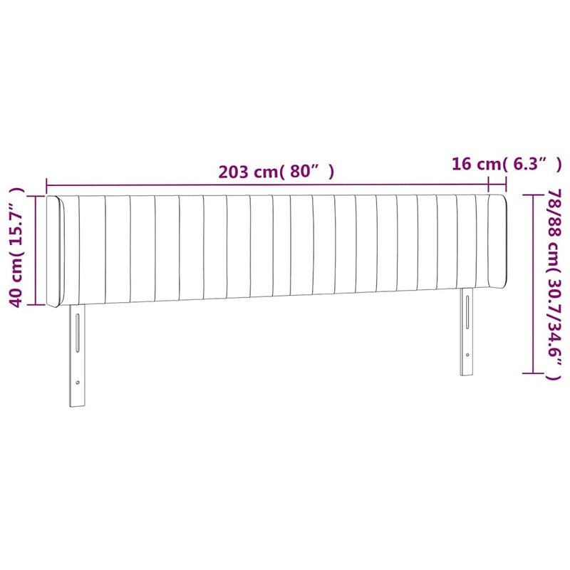 Tăblie de pat cu LED, crem, 203x16x78/88 cm, textil