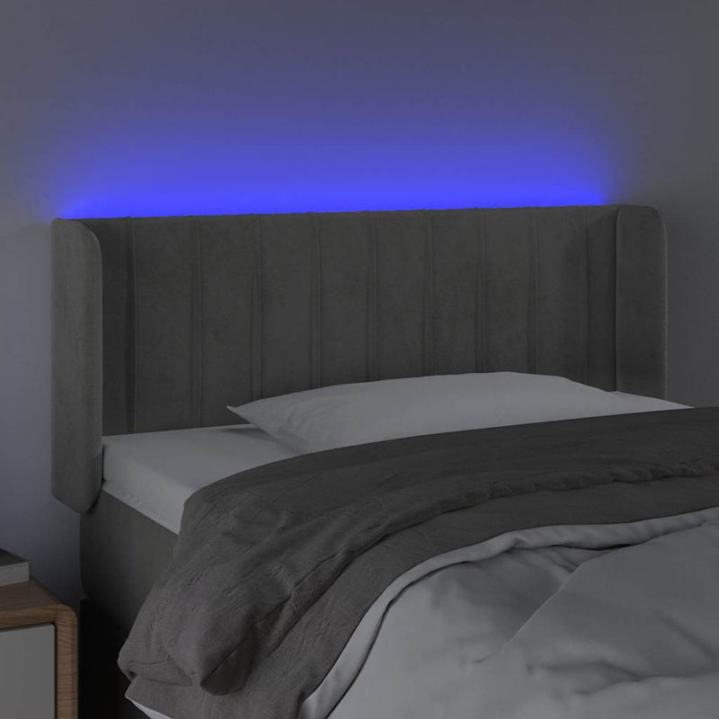 Tăblie de pat cu LED, gri deschis, 103x16x78/88 cm, catifea