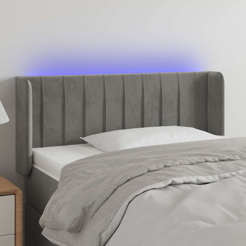 Tăblie de pat cu LED, gri deschis, 103x16x78/88 cm, catifea
