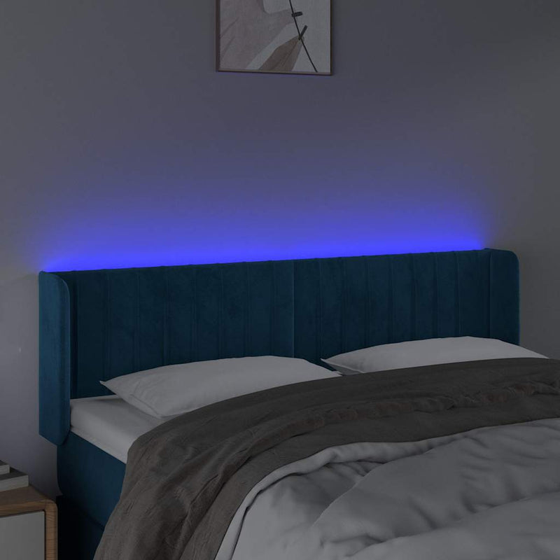 Tăblie de pat cu LED, albastru închis, 147x16x78/88 cm, catifea