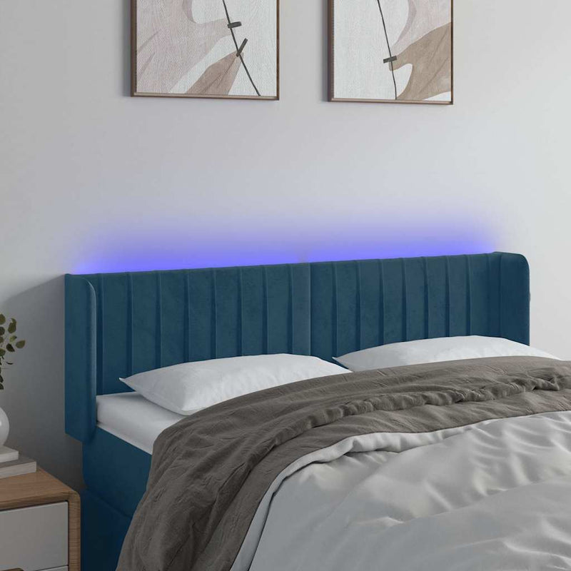 Tăblie de pat cu LED, albastru închis, 147x16x78/88 cm, catifea
