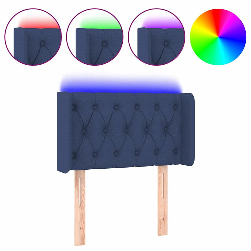Tăblie de pat cu LED, albastru, 83x16x78/88 cm, textil