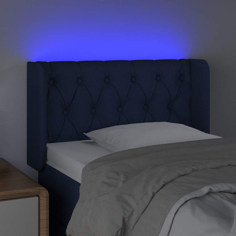 Tăblie de pat cu LED, albastru, 83x16x78/88 cm, textil