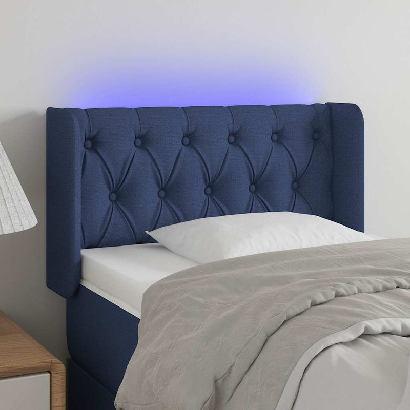 Tăblie de pat cu LED, albastru, 83x16x78/88 cm, textil
