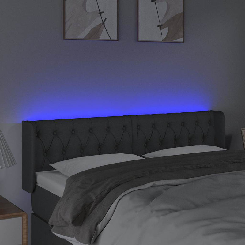 Tăblie de pat cu LED, gri închis, 147x16x78/88 cm, textil