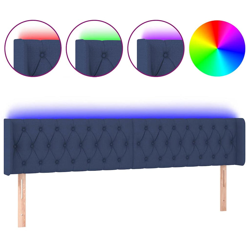 Tăblie de pat cu LED, albastru, 183x16x78/88 cm, textil