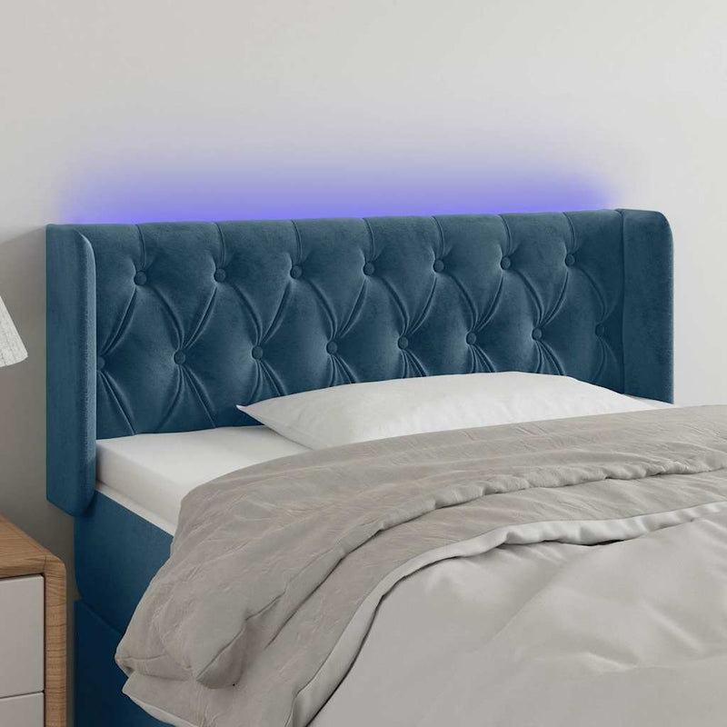Tăblie de pat cu LED, albastru închis, 103x16x78/88 cm, catifea
