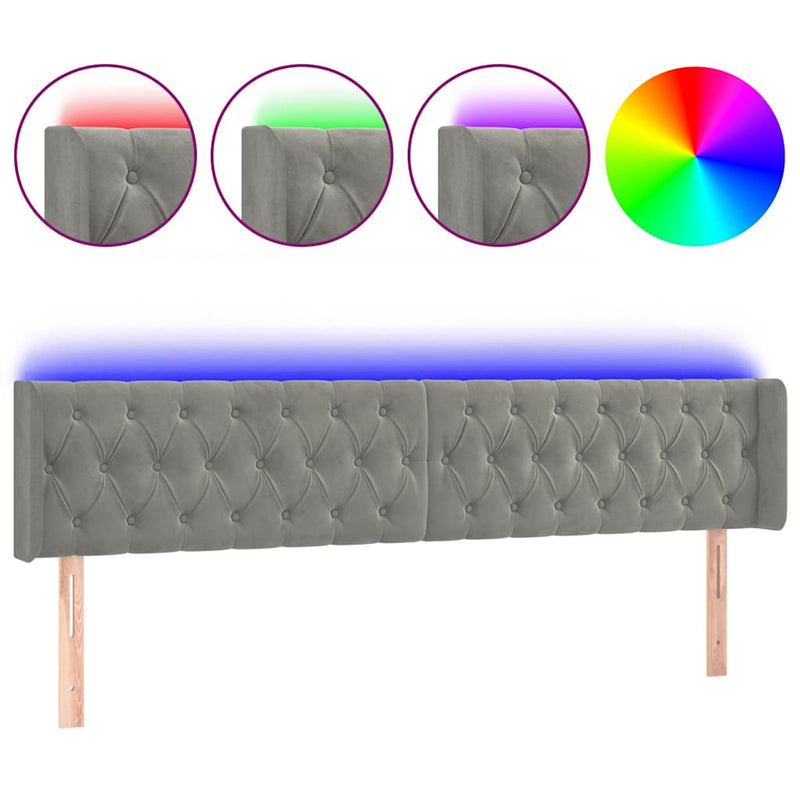 Tăblie de pat cu LED, gri deschis, 183x16x78/88 cm, catifea