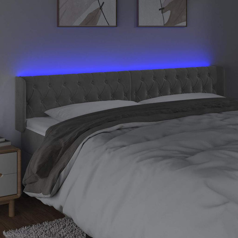 Tăblie de pat cu LED, gri deschis, 183x16x78/88 cm, catifea