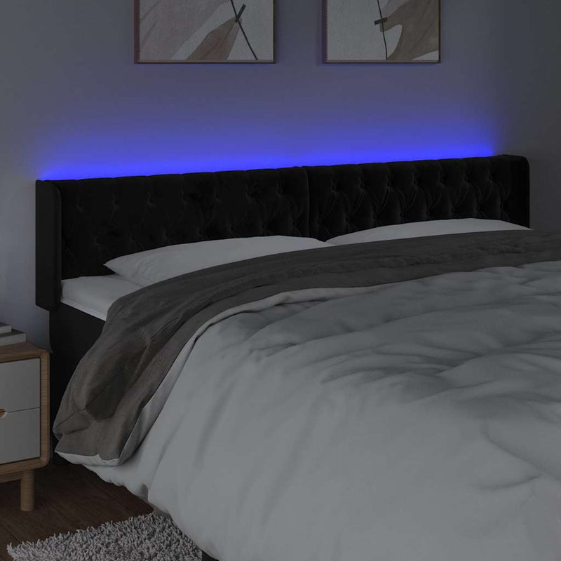 Tăblie de pat cu LED, negru, 183x16x78/88 cm, catifea