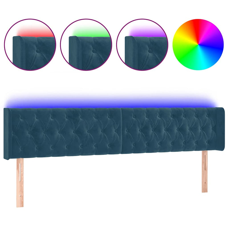 Tăblie de pat cu LED, albastru închis, 183x16x78/88 cm, catifea