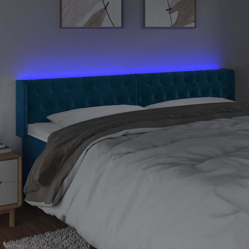 Tăblie de pat cu LED, albastru închis, 203x16x78/88 cm, catifea