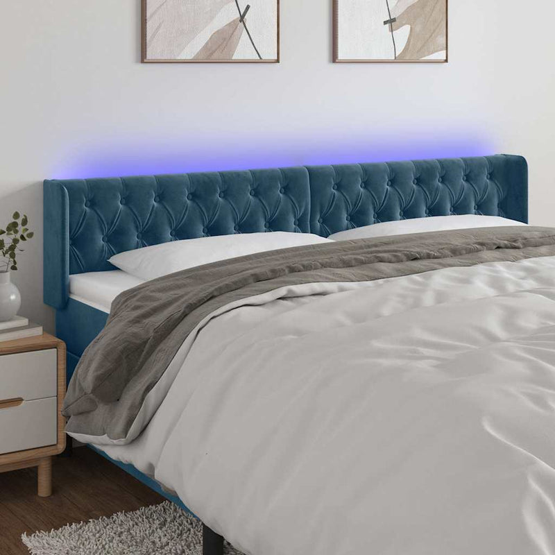 Tăblie de pat cu LED, albastru închis, 203x16x78/88 cm, catifea