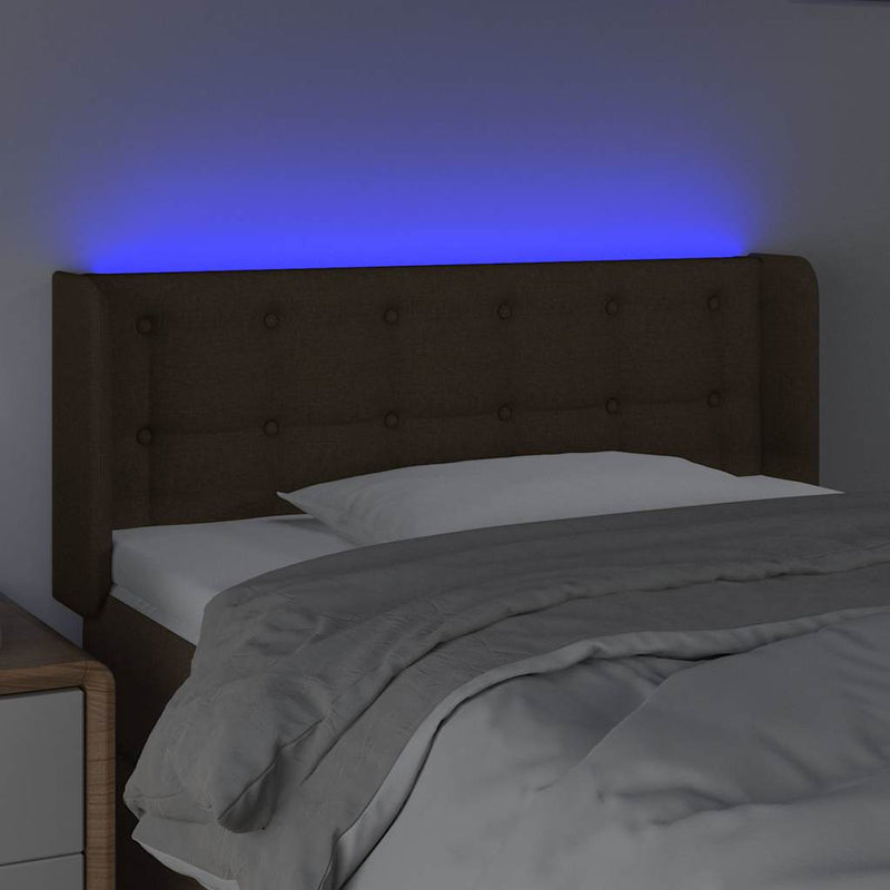 Tăblie de pat cu LED, maro închis, 83x16x78/88 cm, textil