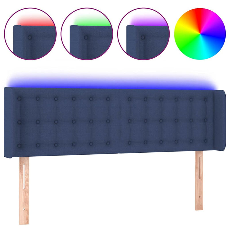 Tăblie de pat cu LED, albastru, 147x16x78/88 cm, textil