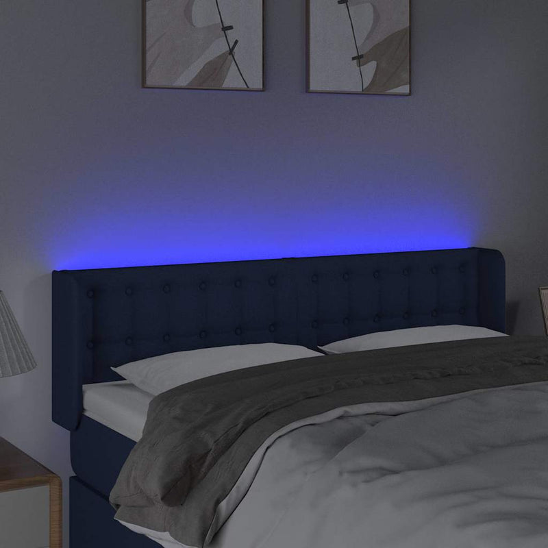 Tăblie de pat cu LED, albastru, 147x16x78/88 cm, textil