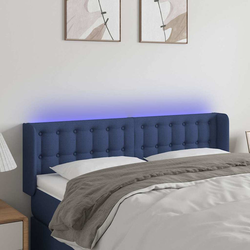 Tăblie de pat cu LED, albastru, 147x16x78/88 cm, textil