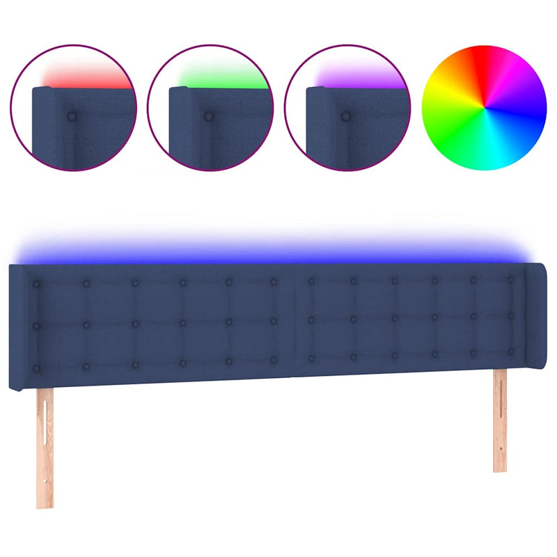 Tăblie de pat cu LED, albastru, 183x16x78/88 cm, textil