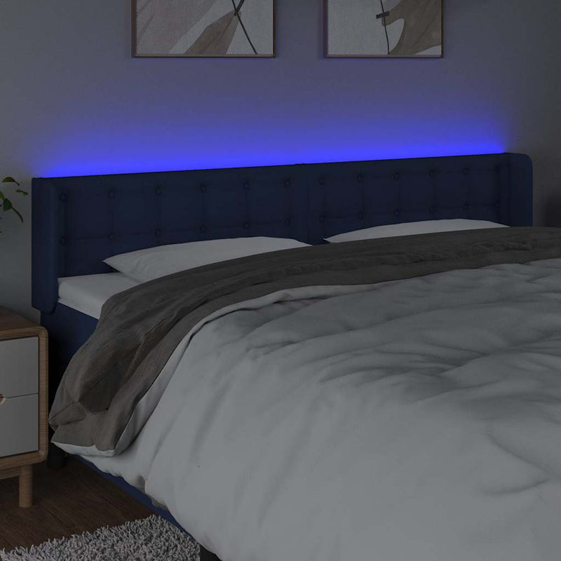 Tăblie de pat cu LED, albastru, 183x16x78/88 cm, textil