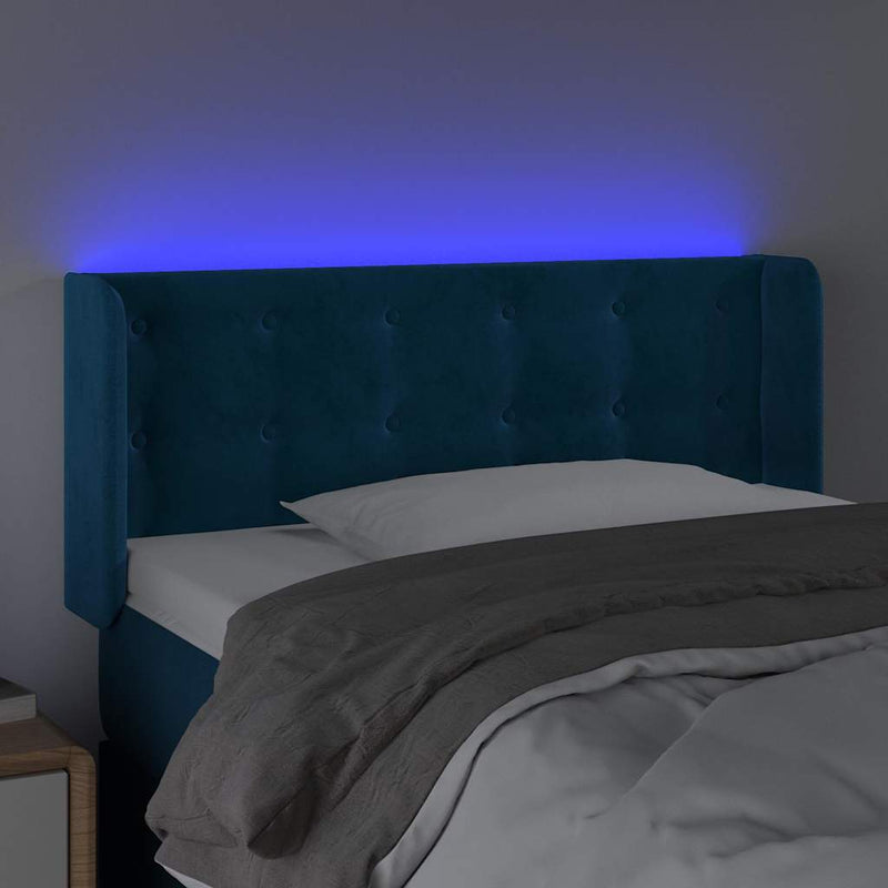 Tăblie de pat cu LED, albastru închis, 93x16x78/88 cm, catifea