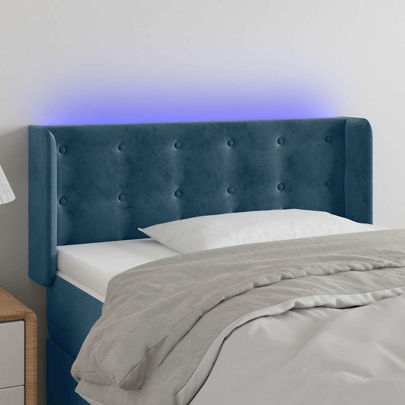 Tăblie de pat cu LED, albastru închis, 93x16x78/88 cm, catifea