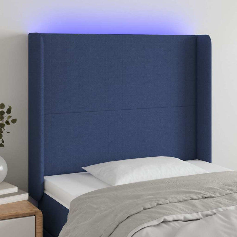 Tăblie de pat cu LED, albastru, 83x16x118/128 cm, textil