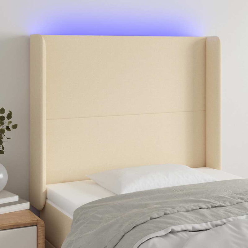 Tăblie de pat cu LED, crem, 93x16x118/128 cm, textil